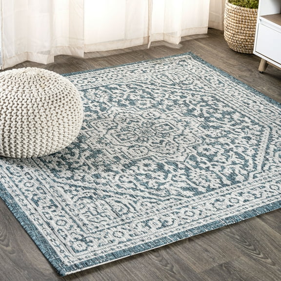 JONATHAN Y SANTA MONICA 6' Square Area Rug, Sinjuri Medallion Textured Weave - Teal Blue/Gray, SMB101C-6SQ