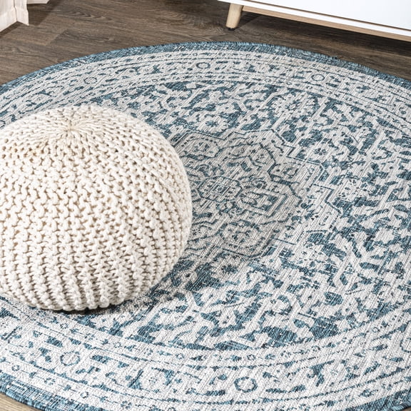 JONATHAN Y SANTA MONICA 8' Round Area Rug, Sinjuri Medallion Textured Weave - Teal Blue/Gray, SMB101C-8R