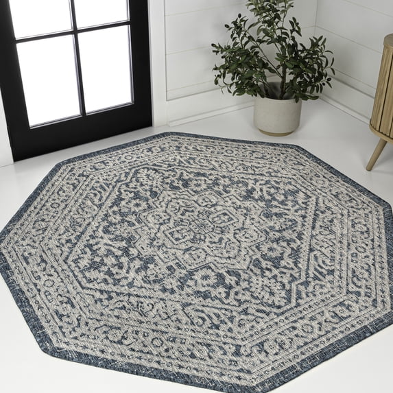JONATHAN Y SANTA MONICA 8' Octagon Area Rug, Sinjuri Medallion Textured Weave - Teal Blue/Gray, SMB101C-8TGN