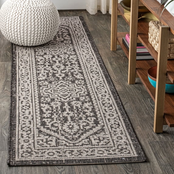 JONATHAN Y SANTA MONICA 2 x 10 Runner Rug, Sinjuri Medallion Textured Weave - Gray/Black, SMB101D-210