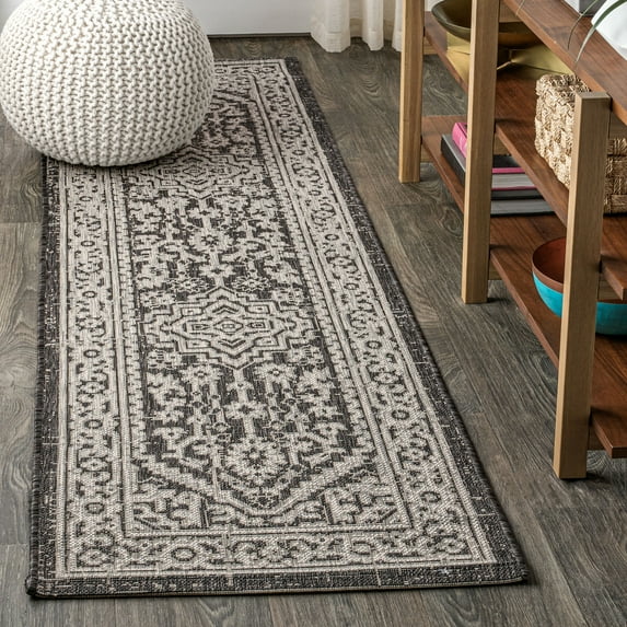 JONATHAN Y SANTA MONICA 2 x 8 Runner Rug, Sinjuri Medallion Textured Weave - Gray/Black, SMB101D-28