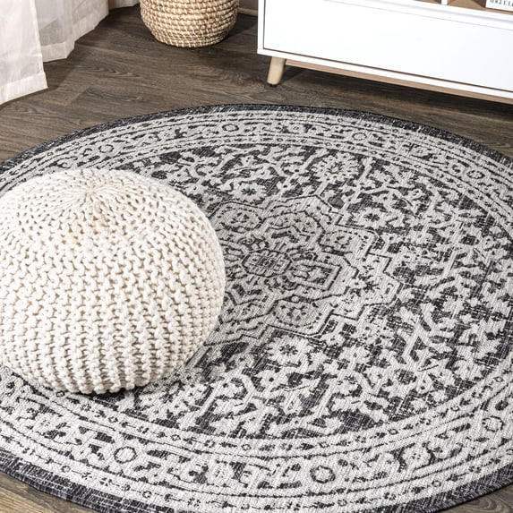 JONATHAN Y SANTA MONICA 4' Round Area Rug, Sinjuri Medallion Textured Weave - Gray/Black, SMB101D-4R