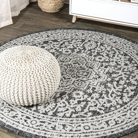 JONATHAN Y SANTA MONICA 6' Round Area Rug, Sinjuri Medallion Textured Weave - Gray/Black, SMB101D-6R