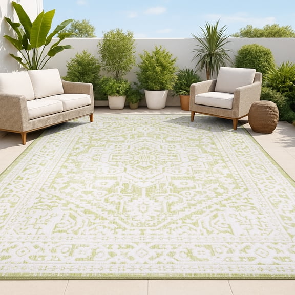 JONATHAN Y SANTA MONICA 5 x 8 Area Rug, Sinjuri Medallion Textured Weave - Green/Cream, SMB101E-5