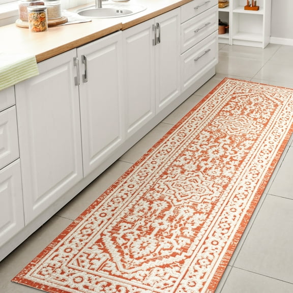 JONATHAN Y SANTA MONICA 2 x 8 Runner Rug, Sinjuri Medallion Textured Weave - Orange/Cream, SMB101F-28