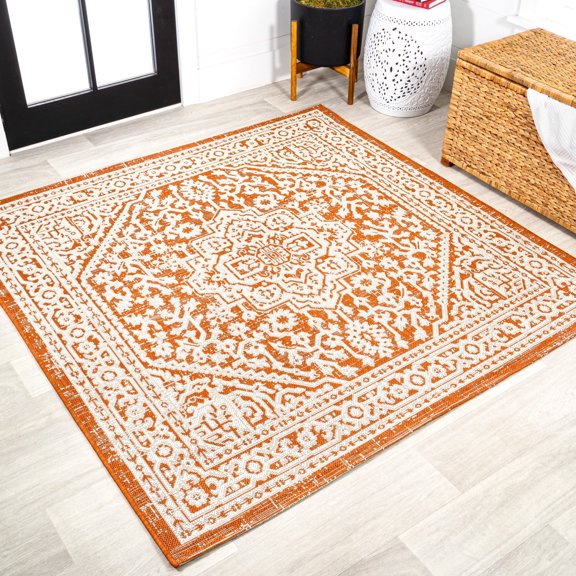 JONATHAN Y SANTA MONICA 5' Square Area Rug, Sinjuri Medallion Textured Weave - Orange/Cream, SMB101F-5SQ