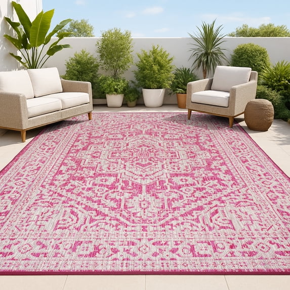 JONATHAN Y SANTA MONICA 5 x 8 Area Rug, Sinjuri Medallion Textured Weave - Fuchsia/Light Gray, SMB101G-5