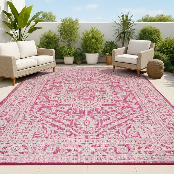 JONATHAN Y SMB101G-9 Sinjuri Medallion Textured Weave Fuchsia/Light Gray 9 ft. x 12 ft. Indoor/Outdoor Area Rug, Pet Friendly, Stain Resistant, Easy to Clean, for Patio, Living Room, Bedroom