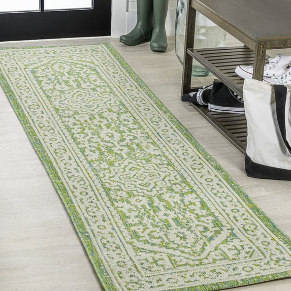 JONATHAN Y SANTA MONICA 2 x 10 Runner Rug, Sinjuri Medallion Textured Weave - Cream/Green, SMB101H-210