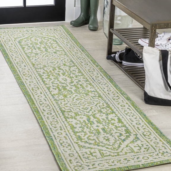 JONATHAN Y SANTA MONICA 2 x 8 Runner Rug, Sinjuri Medallion Textured Weave - Cream/Green, SMB101H-28