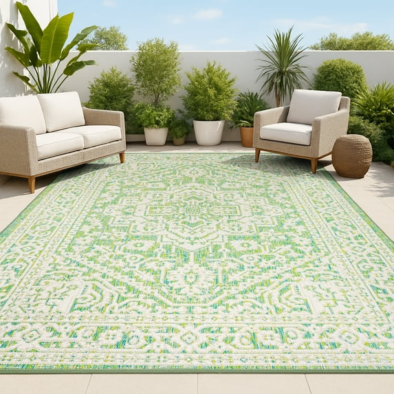 JONATHAN Y SMB101H-9 Sinjuri Medallion Textured Weave Cream/Green 9 ft. x 12 ft. Indoor/Outdoor Area Rug, Pet Friendly, Stain Resistant, Easy to Clean, for Patio, Living Room; Kitchen, Bedroom