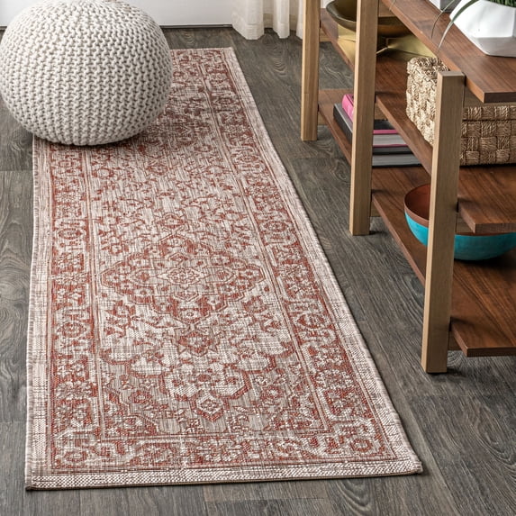 JONATHAN Y SANTA MONICA 2 x 10 Runner Rug, Malta Bohemian Medallion Textured Weave - Red/Taupe, SMB104A-210