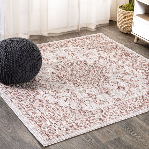 JONATHAN Y SANTA MONICA 5' Square Area Rug, Rozetta Boho Medallion Textured Weave - Red/Taupe, SMB102A-5SQ