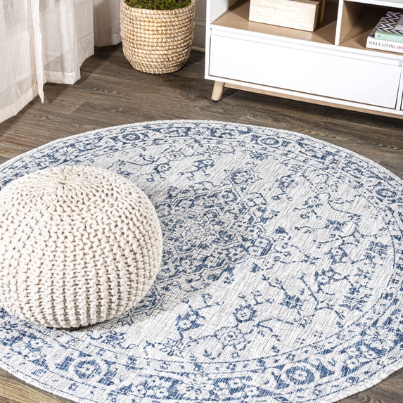 JONATHAN Y SANTA MONICA 5' Round Area Rug, Rozetta Boho Medallion Textured Weave - Gray/Navy, SMB102B-5R