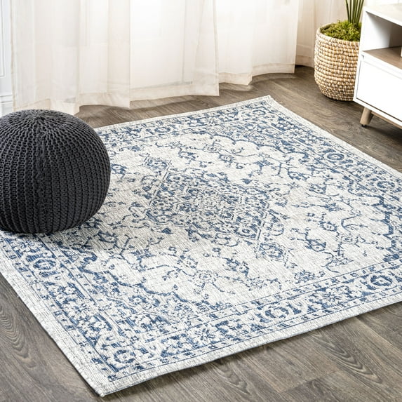 JONATHAN Y SANTA MONICA 5' Square Area Rug, Rozetta Boho Medallion Textured Weave - Gray/Navy, SMB102B-5SQ