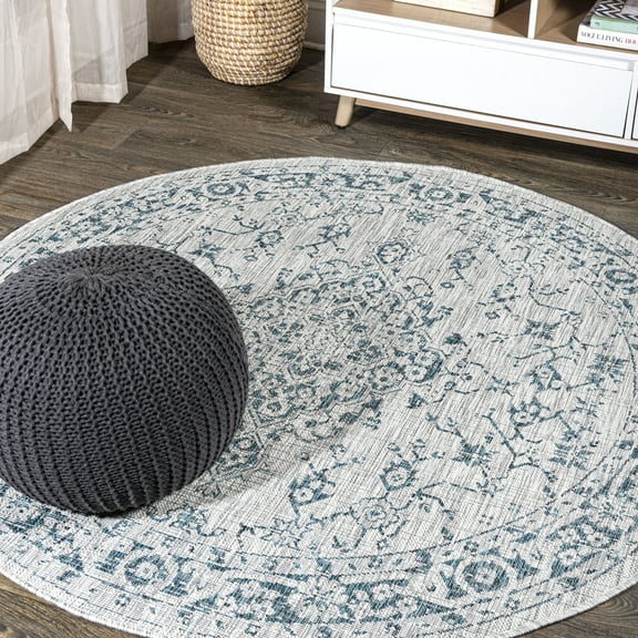 JONATHAN Y SANTA MONICA 5' Round Area Rug, Rozetta Boho Medallion Textured Weave - Gray/Teal, SMB102C-5R