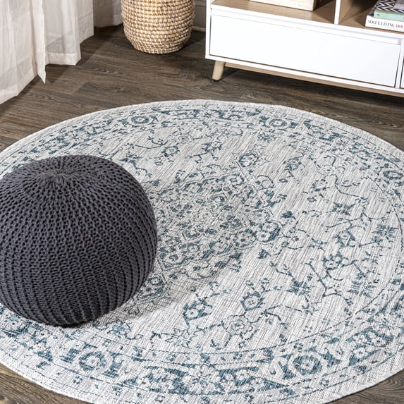 JONATHAN Y SANTA MONICA 5' Round Area Rug, Rozetta Boho Medallion Textured Weave - Gray/Teal, SMB102C-5R