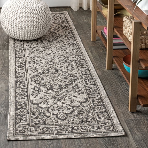 JONATHAN Y SANTA MONICA 2 x 8 Runner Rug, Rozetta Boho Medallion Textured Weave - Gray/Black, SMB102D-28