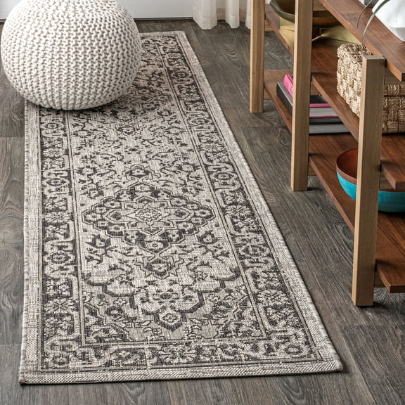 JONATHAN Y SANTA MONICA 2 x 8 Runner Rug, Rozetta Boho Medallion Textured Weave - Gray/Black, SMB102D-28