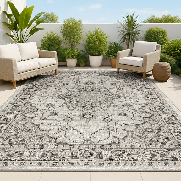 JONATHAN Y SANTA MONICA 3 x 5 Area Rug, Rozetta Boho Medallion Textured Weave - Gray/Black, SMB102D-3