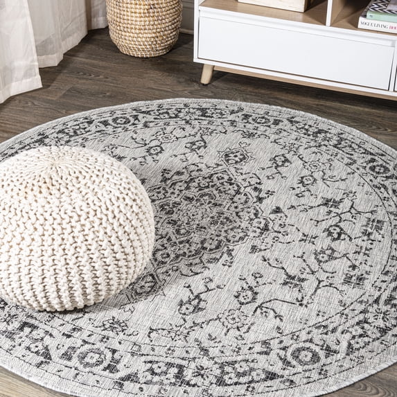 JONATHAN Y SANTA MONICA 5' Round Area Rug, Rozetta Boho Medallion Textured Weave - Gray/Black, SMB102D-5R