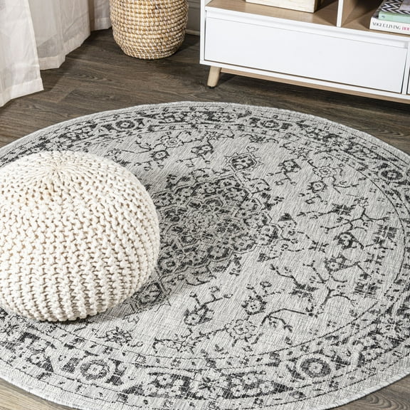JONATHAN Y SANTA MONICA 5' Round Area Rug, Rozetta Boho Medallion Textured Weave - Gray/Black, SMB102D-5R