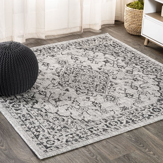 JONATHAN Y SANTA MONICA 5' Square Area Rug, Rozetta Boho Medallion Textured Weave - Gray/Black, SMB102D-5SQ