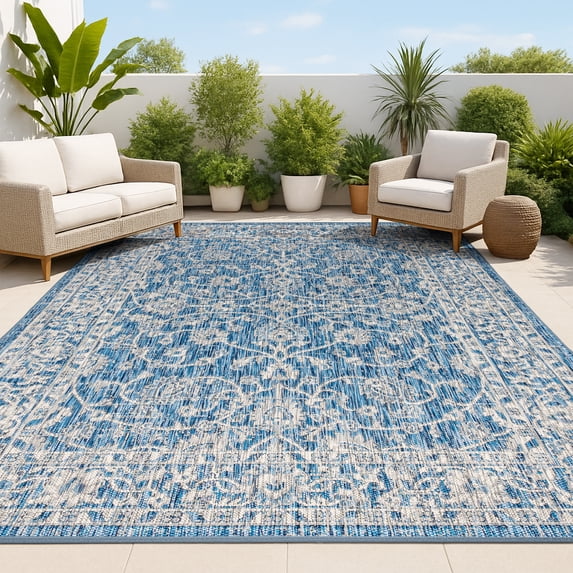 JONATHAN Y SANTA MONICA 3 x 5 Area Rug, Palazzo Vine and Border Textured Weave - Navy/Gray, SMB103A-3