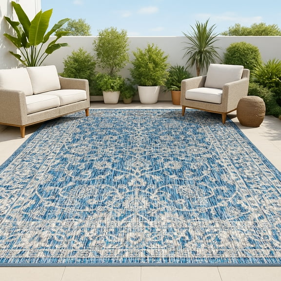 JONATHAN Y SANTA MONICA 3 x 5 Area Rug, Palazzo Vine and Border Textured Weave - Navy/Gray, SMB103A-3