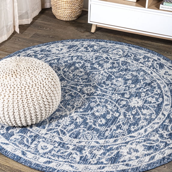 JONATHAN Y SANTA MONICA 5' Round Area Rug, Palazzo Vine and Border Textured Weave - Navy/Gray, SMB103A-5R