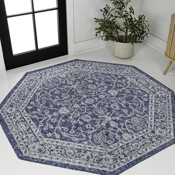 JONATHAN Y SANTA MONICA 8' Octagon Area Rug, Palazzo Vine and Border Textured Weave - Navy/Gray, SMB103A-8TGN
