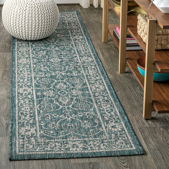 JONATHAN Y SANTA MONICA 2 x 10 Runner Rug, Palazzo Vine and Border Textured Weave - Teal/Gray, SMB103B-210