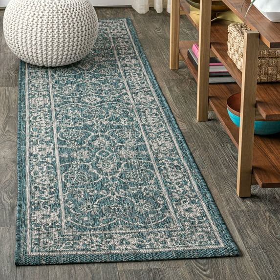 JONATHAN Y SANTA MONICA 2 x 8 Runner Rug, Palazzo Vine and Border Textured Weave - Teal/Gray, SMB103B-28