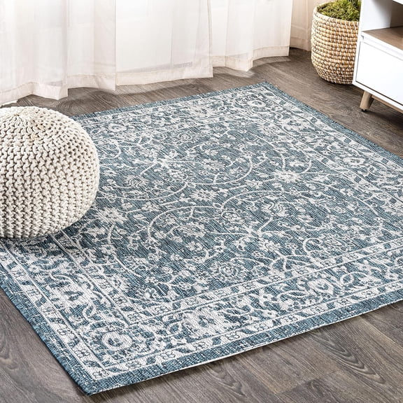 JONATHAN Y SMB103B-5SQ Palazzo Vine and Border Textured Weave Indoor Outdoor Area Rug Coastal Bohemian Rustic Glam Easy-Cleaning Bedroom Kitchen Backyard Patio Non Shedding, 5' Square, Teal/Gray