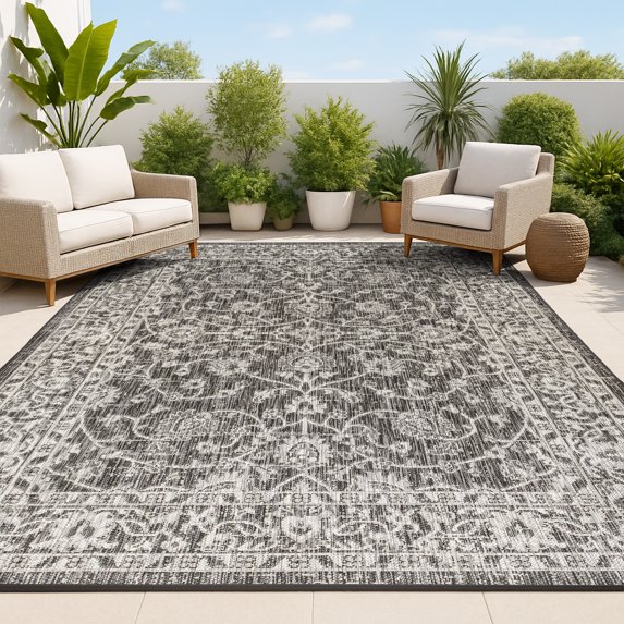 JONATHAN Y SANTA MONICA 4 x 6 Area Rug, Palazzo Vine and Border Textured Weave - Black/Gray, SMB103C-4