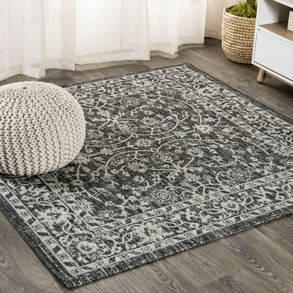 JONATHAN Y SANTA MONICA 5' Square Area Rug, Palazzo Vine and Border Textured Weave - Black/Gray, SMB103C-5SQ