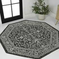 JONATHAN Y SANTA MONICA 5' Octagon Area Rug, Palazzo Vine and Border Textured Weave - Black/Gray, SMB103C-5TGN