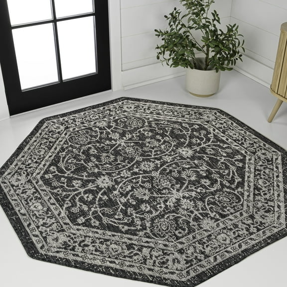 JONATHAN Y SANTA MONICA 5' Octagon Area Rug, Palazzo Vine and Border Textured Weave - Black/Gray, SMB103C-5TGN
