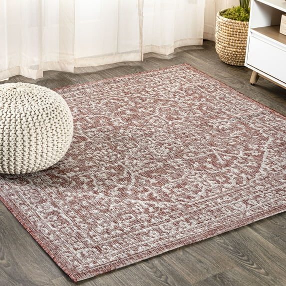 JONATHAN Y SANTA MONICA 3' Square Area Rug, Malta Bohemian Medallion Textured Weave - Red/Taupe, SMB104A-3SQ