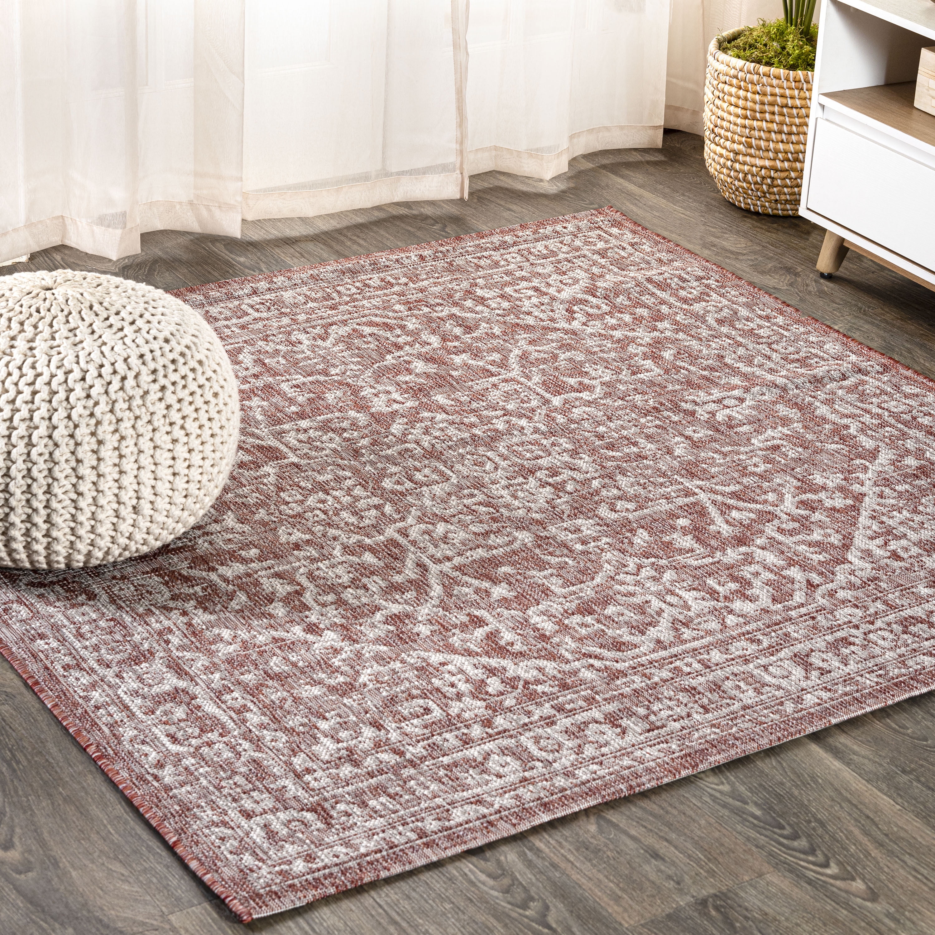 Red and Taupe Bohemian Medallion Square Indoor/Outdoor Rug