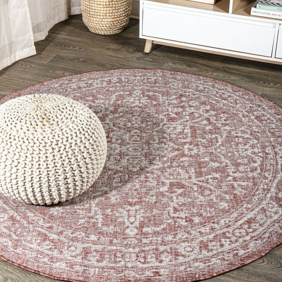 JONATHAN Y SANTA MONICA 8' Round Area Rug, Malta Bohemian Medallion Textured Weave - Red/Taupe, SMB104A-8R