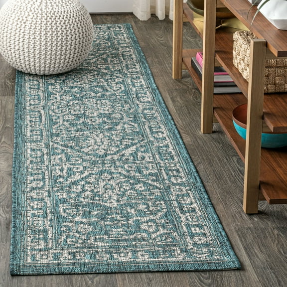 JONATHAN Y SANTA MONICA 2 x 10 Runner Rug, Malta Bohemian Medallion Textured Weave - Teal/Gray, SMB104B-210