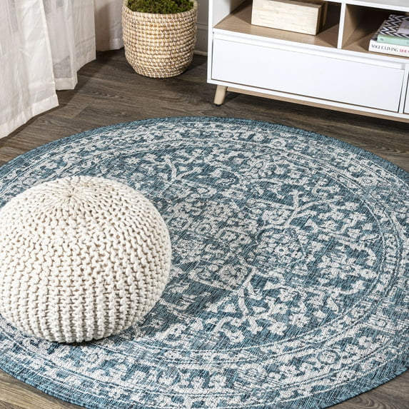 JONATHAN Y SANTA MONICA 5' Round Area Rug, Malta Bohemian Medallion Textured Weave - Teal/Gray, SMB104B-5R