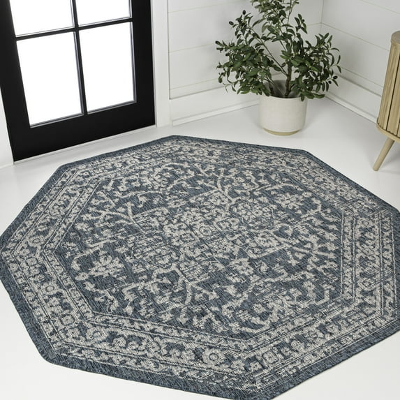 JONATHAN Y SANTA MONICA 5' Octagon Area Rug, Malta Bohemian Medallion Textured Weave - Teal/Gray, SMB104B-5TGN