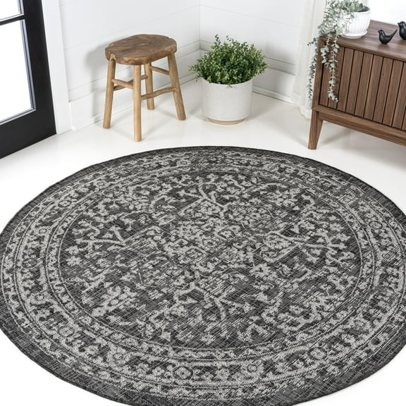 JONATHAN Y SANTA MONICA 6' Round Area Rug, Malta Bohemian Medallion Textured Weave - Black/Gray, SMB104C-6R