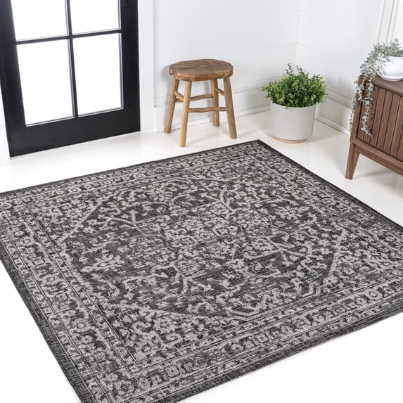 JONATHAN Y SANTA MONICA 9' Square Area Rug, Malta Bohemian Medallion Textured Weave - Black/Gray, SMB104C-9SQ
