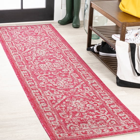 JONATHAN Y SANTA MONICA 2 x 10 Runner Rug, Malta Bohemian Medallion Textured Weave - Fuchsia/Light Gray, SMB104E-210