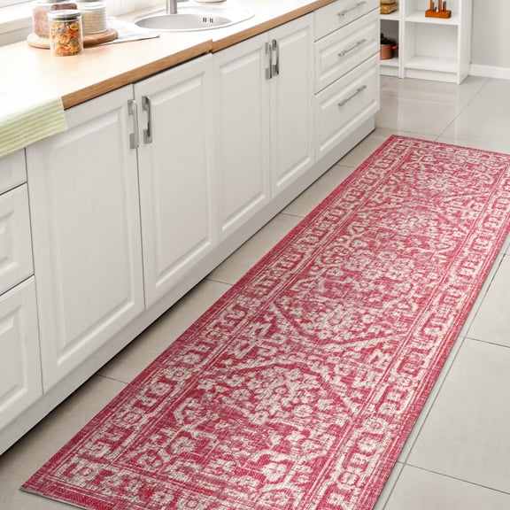 JONATHAN Y SANTA MONICA 2 x 8 Runner Rug, Malta Bohemian Medallion Textured Weave - Fuchsia/Light Gray, SMB104E-28