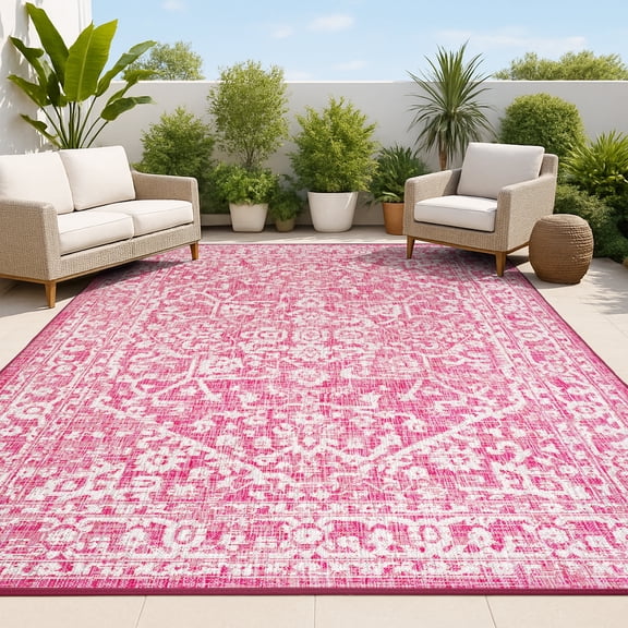 JONATHAN Y SANTA MONICA 5 x 8 Area Rug, Malta Bohemian Medallion Textured Weave - Fuchsia/Light Gray, SMB104E-5