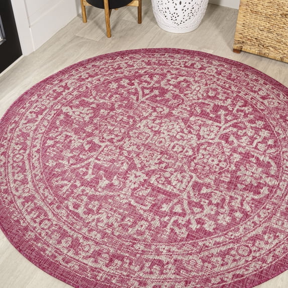 JONATHAN Y SANTA MONICA 5' Round Area Rug, Malta Bohemian Medallion Textured Weave - Fuchsia/Light Gray, SMB104E-5R